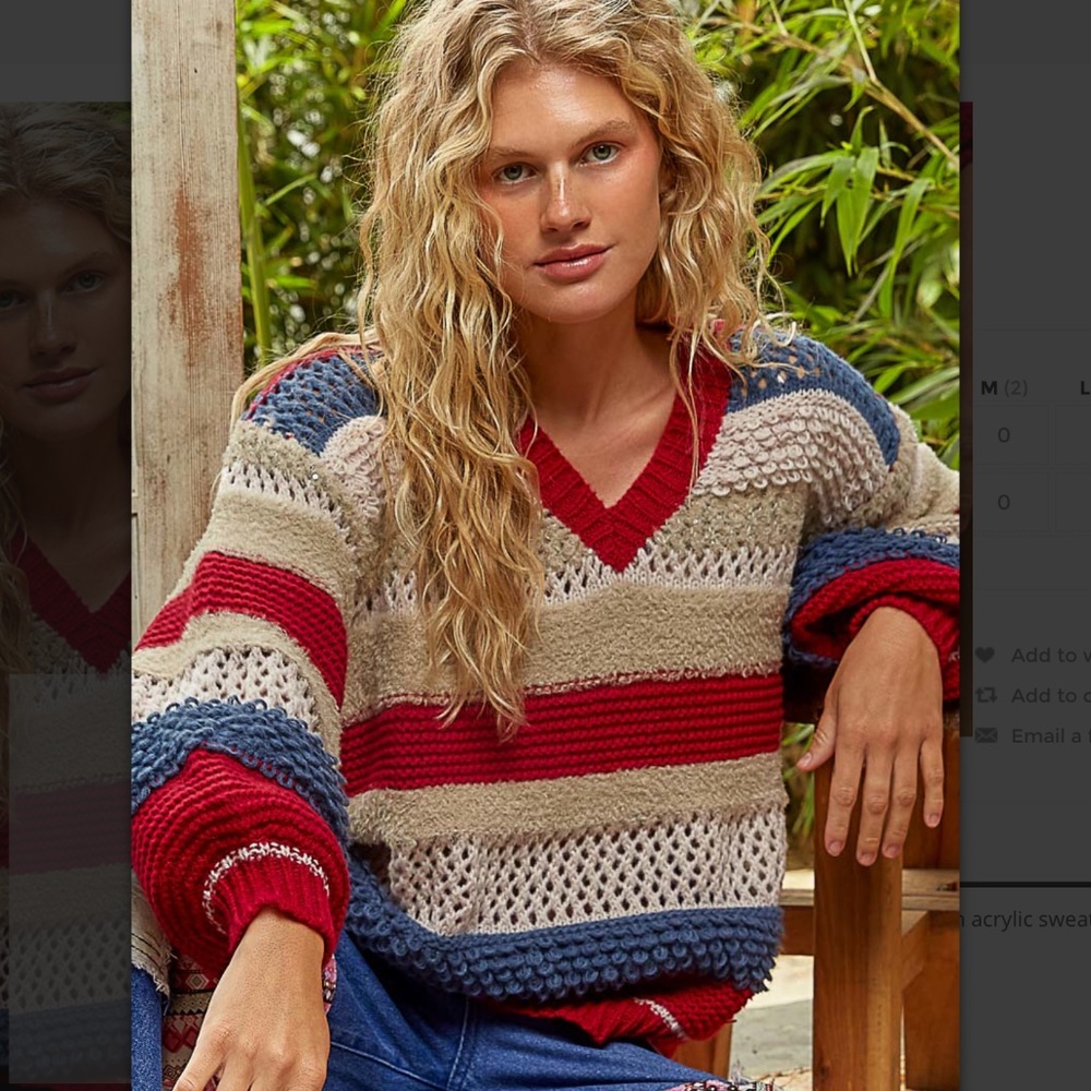 POL Striped V-Neck Sweater in Red, Blue, Tan, Cream